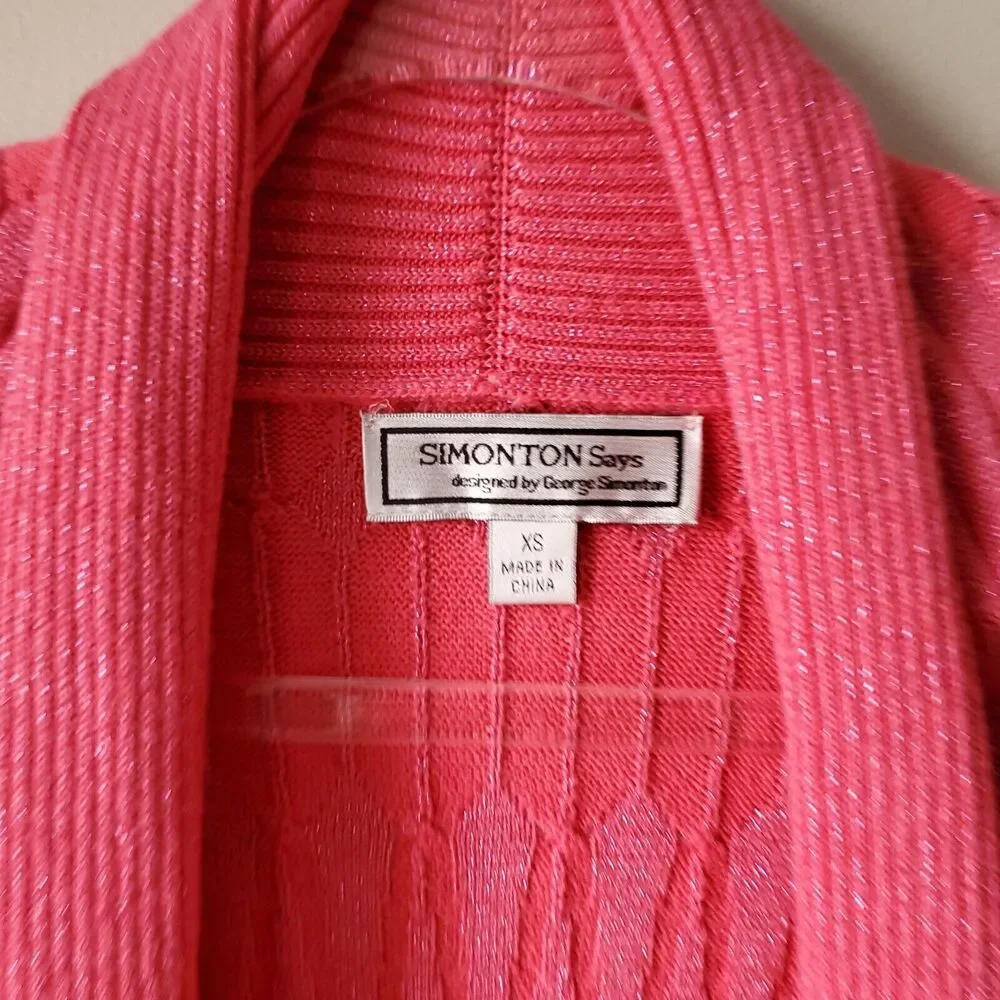 Women Pink Shimmer Long Cable Cardigan Sweater XS Career Preppy Classic Casual